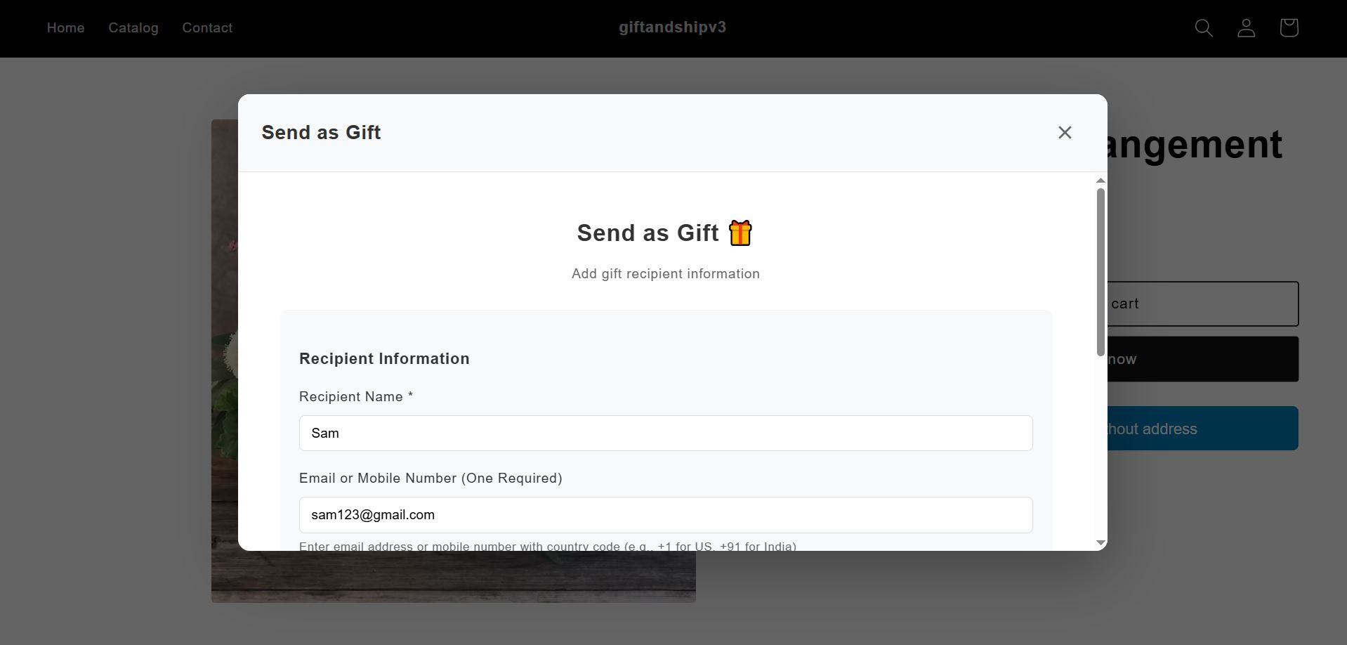 Popup modal asking for recipient name and email or mobile number