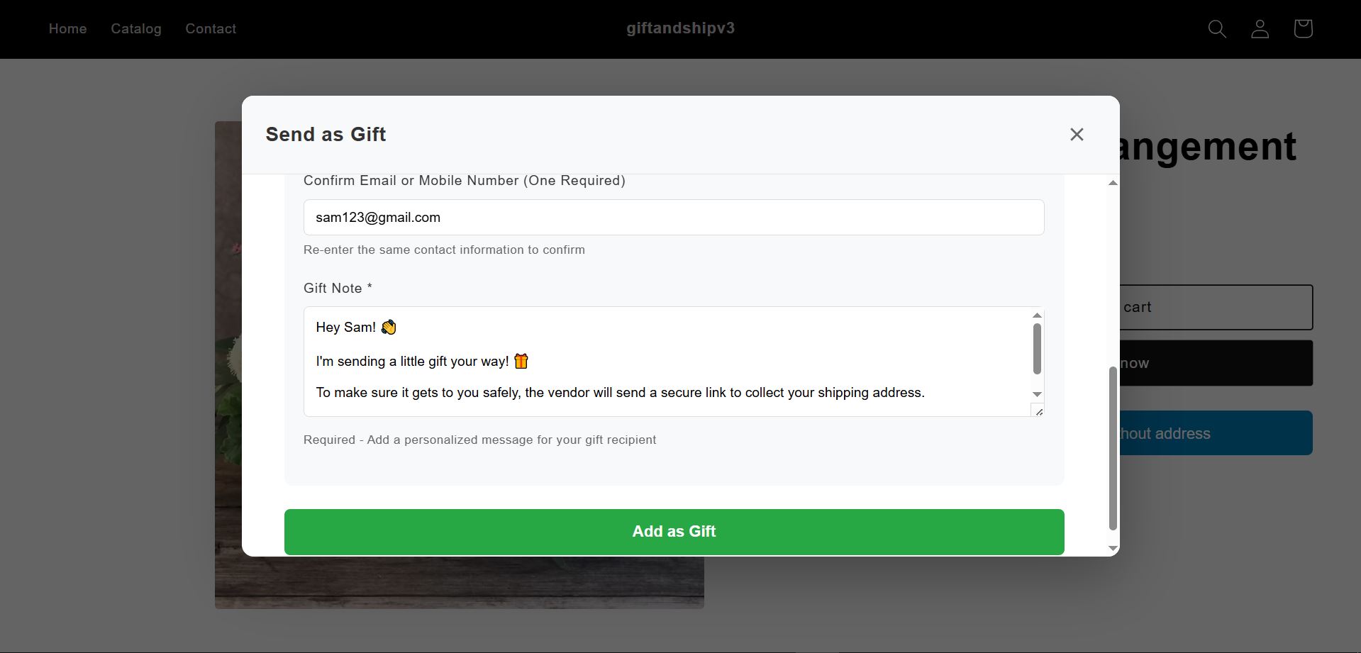 Popup modal showing confirmation fields and a gift note