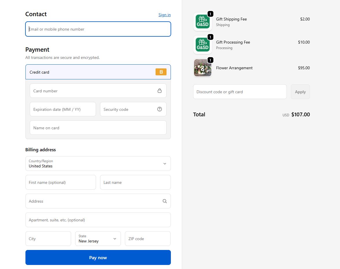 Checkout page showing the gift fees added and no shipping address