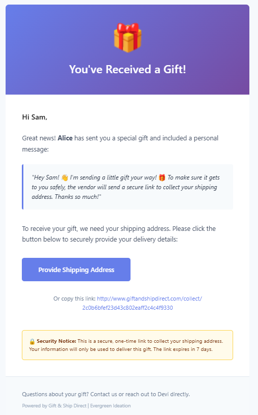 Email notification for receiving a gift