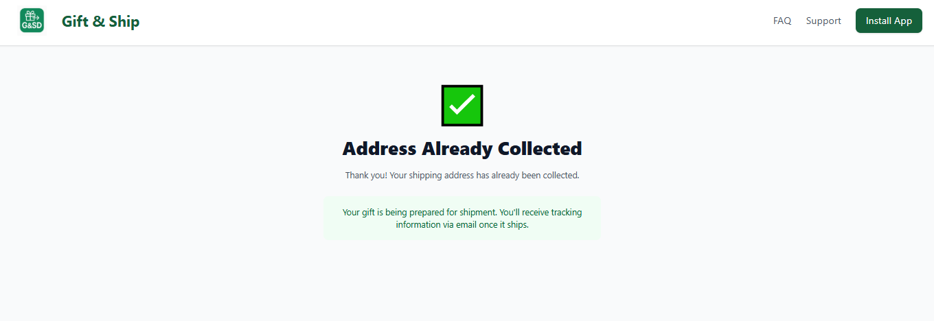 Confirmation page stating 'Address Already Collected'